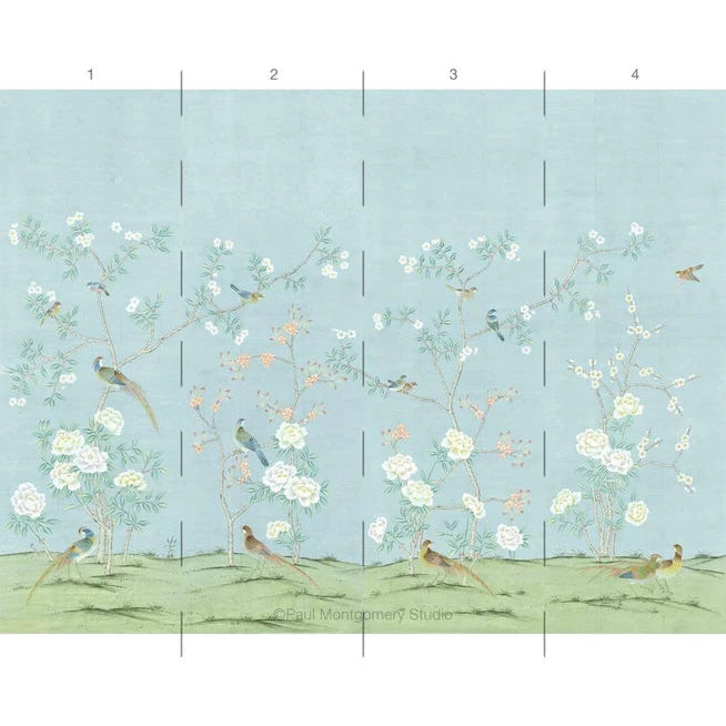 A wallpaper or fabric panel design featuring delicate white flowers and small birds on a pale blue background, with a light green ground and vertical measurement markers 1-4 along the top.