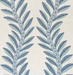 A close-up of a textile or wallpaper pattern featuring vertical botanical motifs with elongated leaves and small floral clusters in muted blue and pale blue on a warm off-white background.