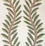 A close-up of a textile or wallpaper pattern featuring two vertical botanical motifs with olive green leaves and small pink flowers on a warm off-white background.