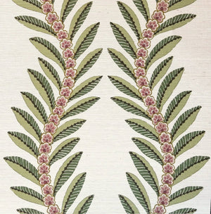 A close-up of a textile or wallpaper pattern featuring two vertical botanical motifs with olive green leaves and small pink flowers on a warm off-white background.