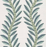 A close-up of a botanical patterned surface featuring two vertical palm-leaf motifs with small clustered floral details on a light warm off-white background.