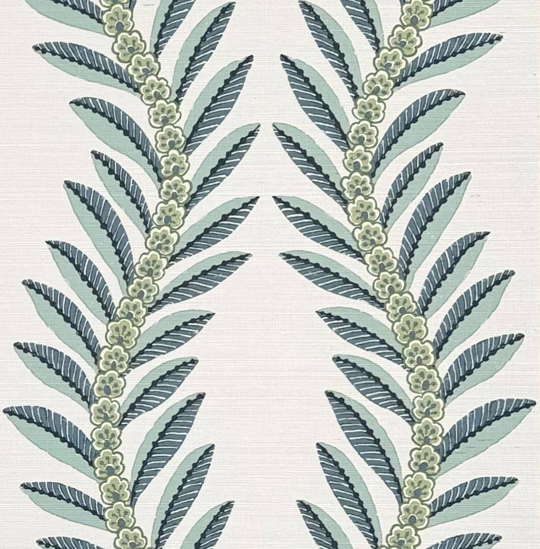 A close-up of a botanical patterned surface featuring two vertical palm-leaf motifs with small clustered floral details on a light warm off-white background.