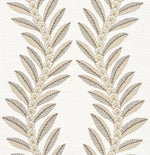 Beige and gray botanical wallpaper pattern featuring symmetrical leafy branches with small cream flowers on a textured off-white background.