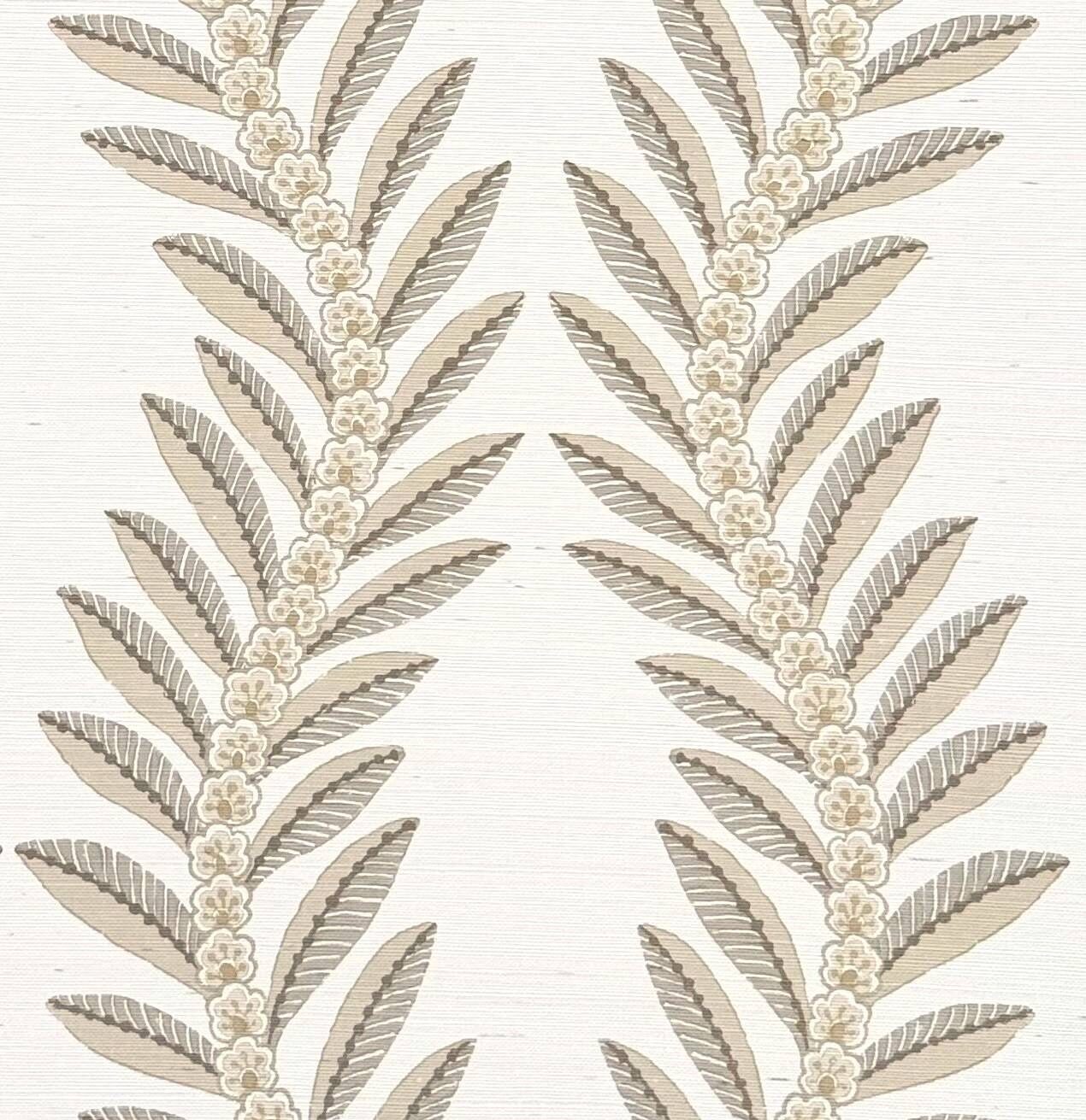 Beige and gray botanical wallpaper pattern featuring symmetrical leafy branches with small cream flowers on a textured off-white background.