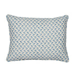 A square-shaped throw pillow with a traditional Indian block print pattern in light blue on a white background, featuring a hidden zipper closure.