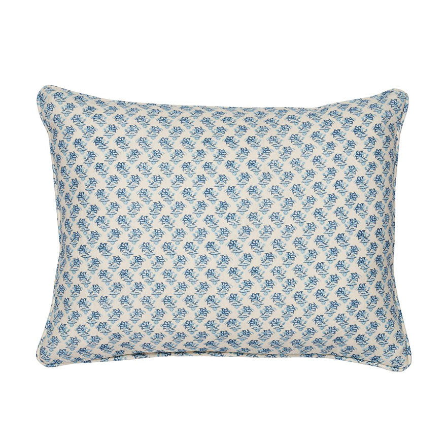 A square-shaped throw pillow with a traditional Indian block print pattern in light blue on a white background, featuring a hidden zipper closure.