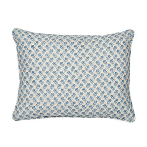 A square-shaped throw pillow with a traditional Indian block print pattern in light blue on a white background, featuring a hidden zipper closure.