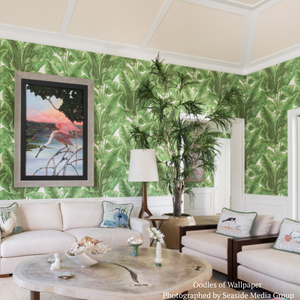 green palm wallpaper installed in living room