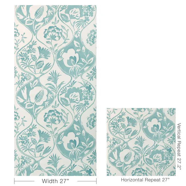 Teal floral pattern on a white background with measurements displayed.