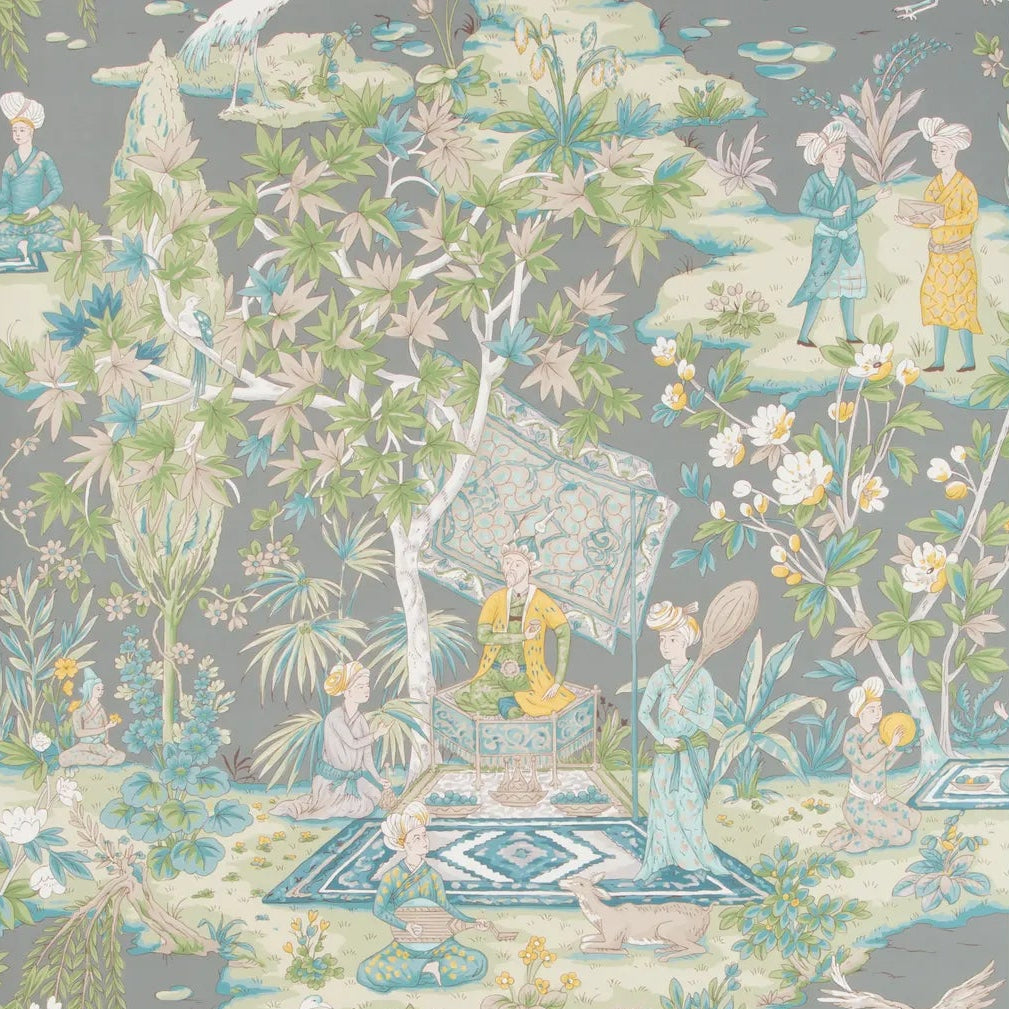 A vertical panel of classic toile wallpaper featuring a detailed garden scene with figures, cranes, and foliage in muted blue, sage green, and gray tones.