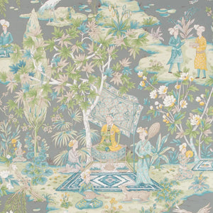 A vertical panel of classic toile wallpaper featuring a detailed garden scene with figures, cranes, and foliage in muted blue, sage green, and gray tones.