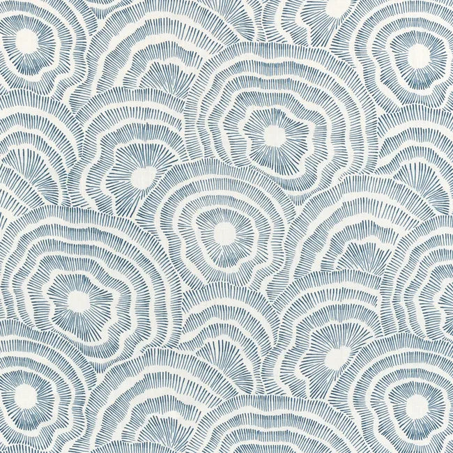 Patterned fabric with concentric circle design in blue on a white background