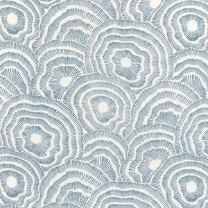 Patterned fabric with concentric circle design in blue on a white background