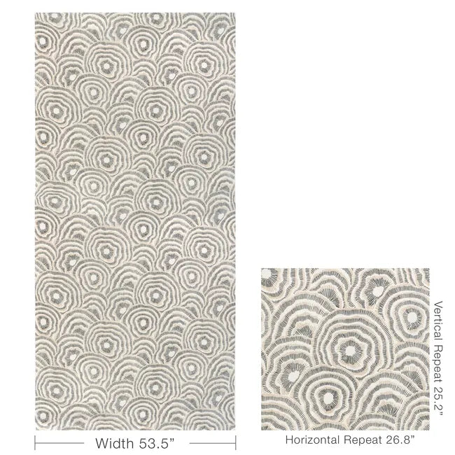 Patterned fabric swatch with measurements on a white background