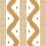 A close-up of a woven textile pattern with vertical bands of tan and off-white, featuring zigzag and geometric ikat-style motifs.