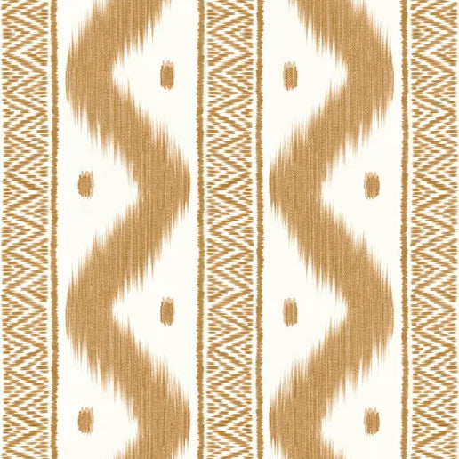 A close-up of a woven textile pattern with vertical bands of tan and off-white, featuring zigzag and geometric ikat-style motifs.