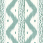 A close-up of a textile or wallpaper pattern featuring vertical bands with teal-green ikat-style zigzags, small dots, and geometric borders on an off-white background.