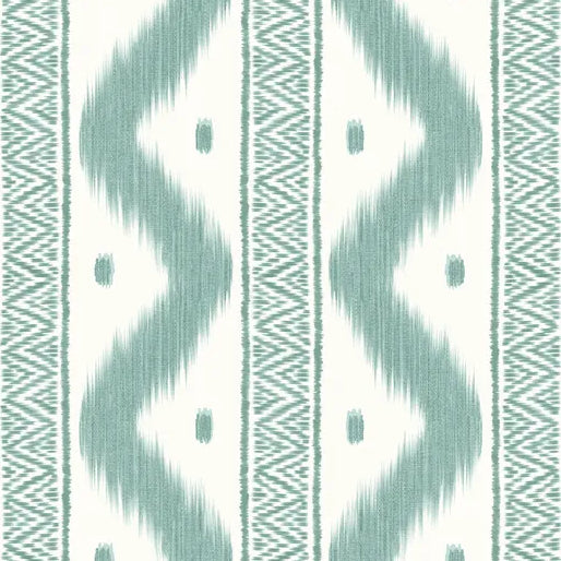 A close-up of a textile or wallpaper pattern featuring vertical bands with teal-green ikat-style zigzags, small dots, and geometric borders on an off-white background.
