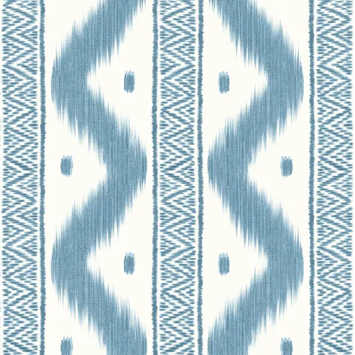 Blue and white geometric ikat pattern wallpaper swatch with vertical zigzag stripes and textured woven detailing.