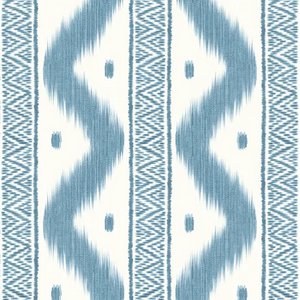 Blue and white geometric ikat pattern wallpaper swatch with vertical zigzag stripes and textured woven detailing.