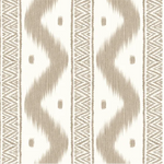 A close-up of a woven textile or wallpaper pattern featuring vertical bands with beige ikat-style zigzags and geometric motifs on an off-white background.