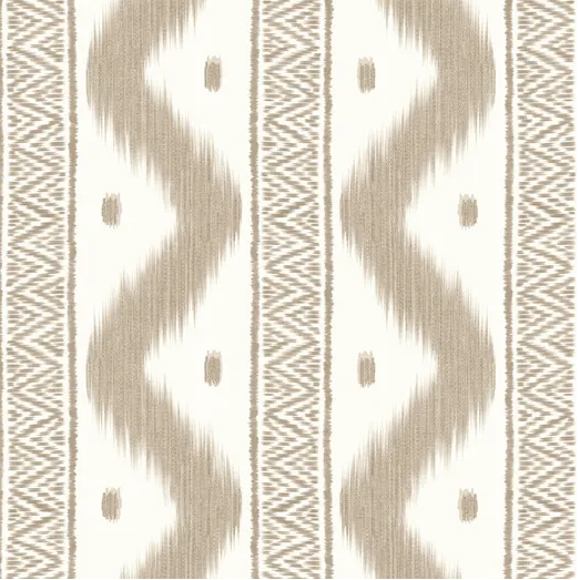 A close-up of a woven textile or wallpaper pattern featuring vertical bands with beige ikat-style zigzags and geometric motifs on an off-white background.