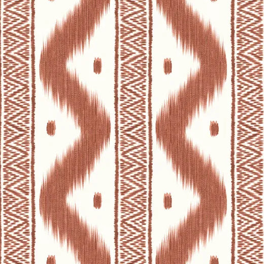 A close-up of a woven textile pattern featuring vertical bands with zigzag and geometric ikat-style motifs in terracotta brown on an off-white background.