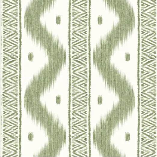 A close-up of a textile pattern featuring vertical bands with olive green ikat-style zigzags, dotted accents, and geometric borders on an off-white background.