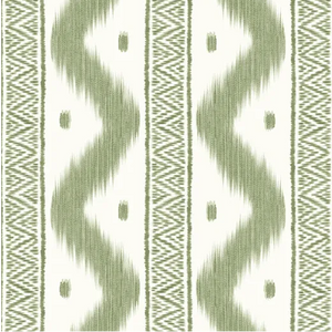 A close-up of a textile pattern featuring vertical bands with olive green ikat-style zigzags, dotted accents, and geometric borders on an off-white background.
