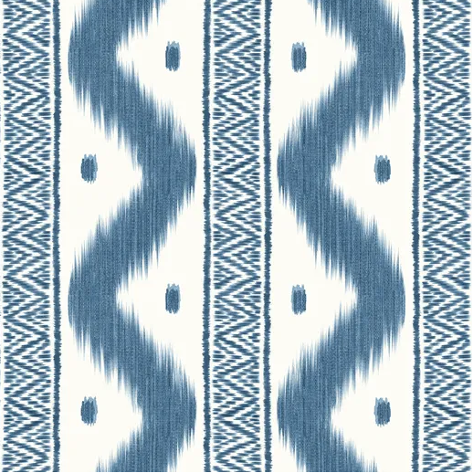 Blue and white ikat patterned wallpaper swatch showing vertical zigzag stripes with geometric borders.