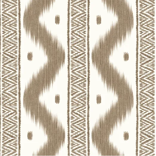 A close-up of a wallpaper pattern featuring vertical bands with zigzag ikat-like motifs in taupe brown on an off-white background.