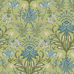 Patterned fabric with floral and leaf designs on a green background