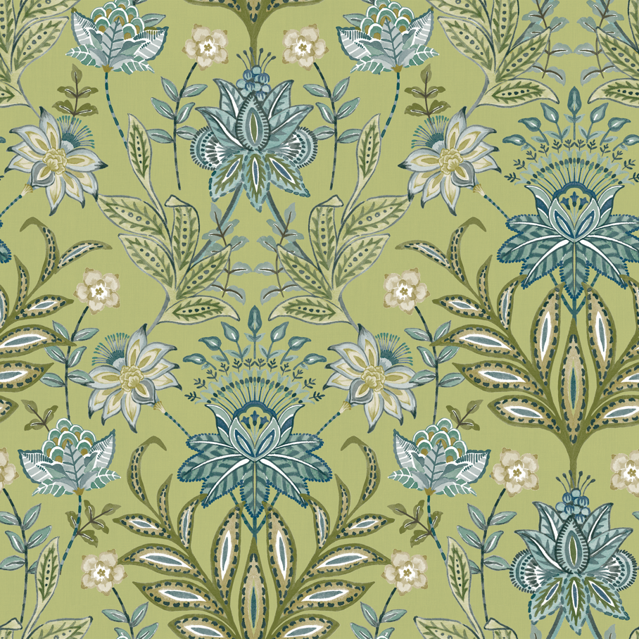 Patterned fabric with floral and leaf designs on a green background