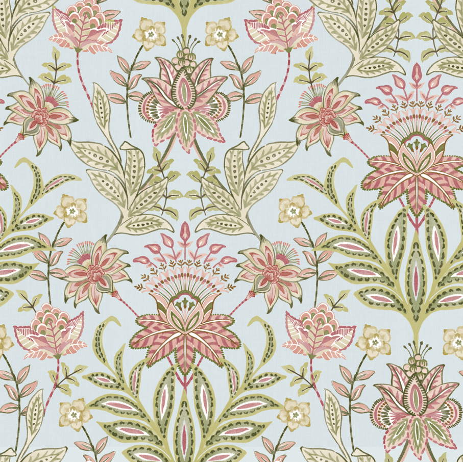 Floral pattern with pink and green flowers on a light blue background