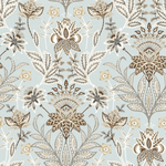 Floral and leaf pattern with brown and beige tones on a light blue background