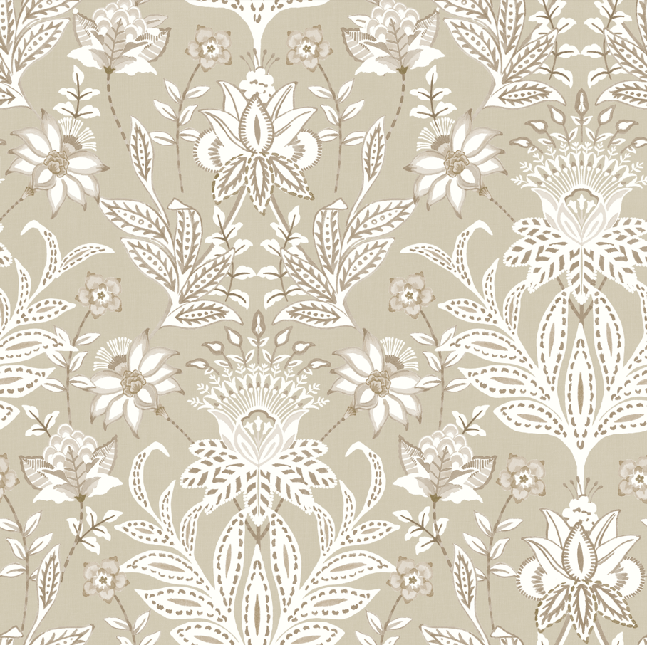 Beige floral pattern with white flowers and leaves on a beige background