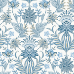 Pattern of blue and green floral and leaf designs on a white background