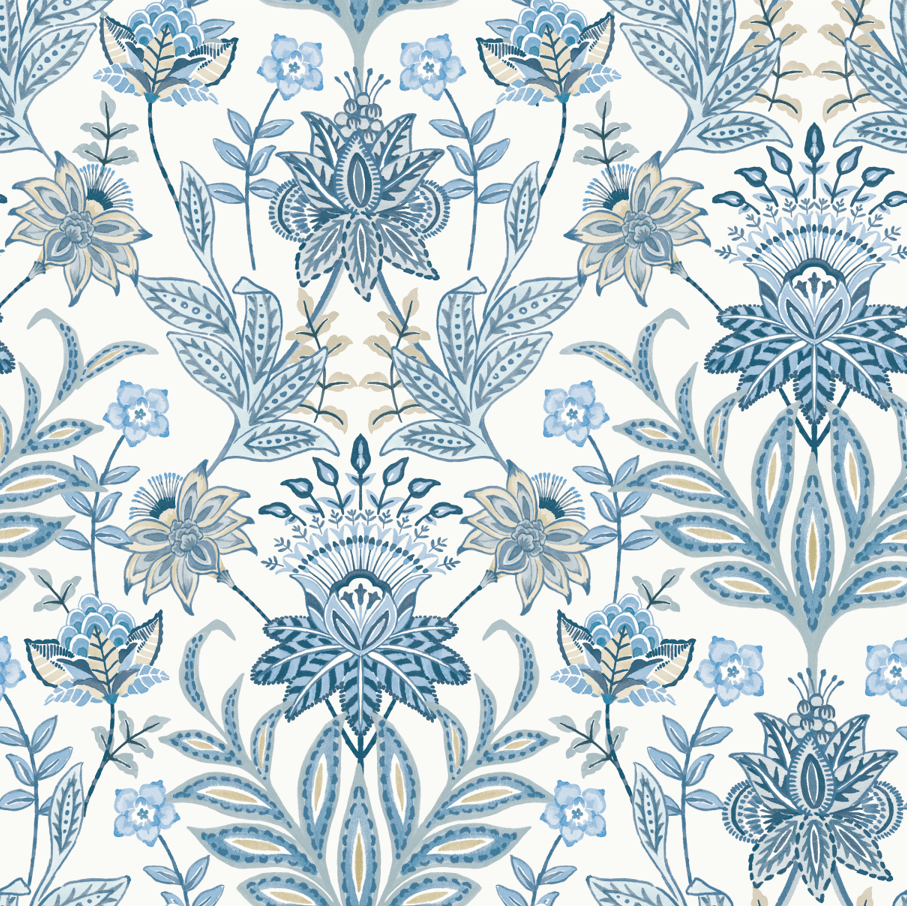 Pattern of blue and green floral and leaf designs on a white background