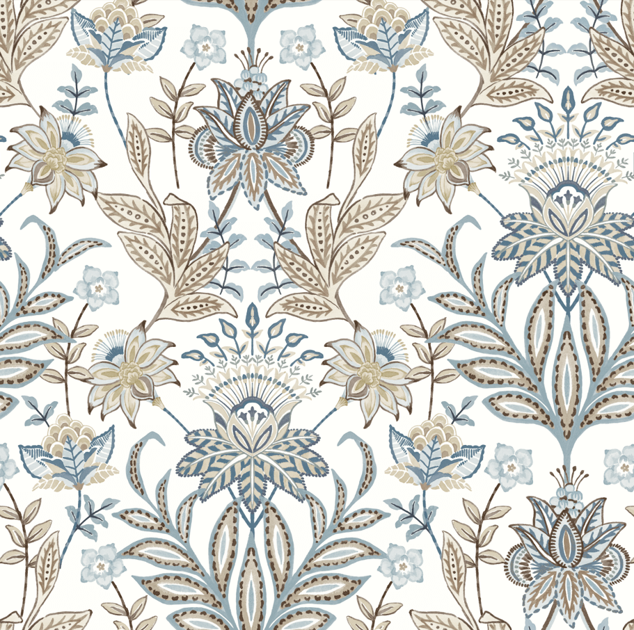 Floral pattern with blue and beige flowers on a white background