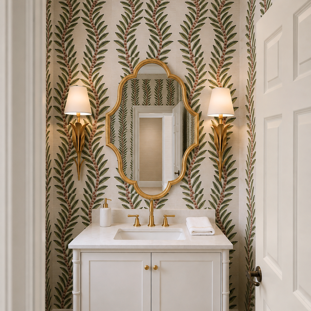 A white bathroom vanity with a white marble countertop, gold faucet, and an ornate gold-framed mirror, set against wallpaper with a green leaf pattern on a cream background. Two gold sconces with white shades flank the mirror.