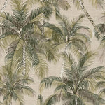 A close-up of a tropical palm tree pattern on a woven beige fabric or wallpaper background, with green and olive leaves and light gray trunks.