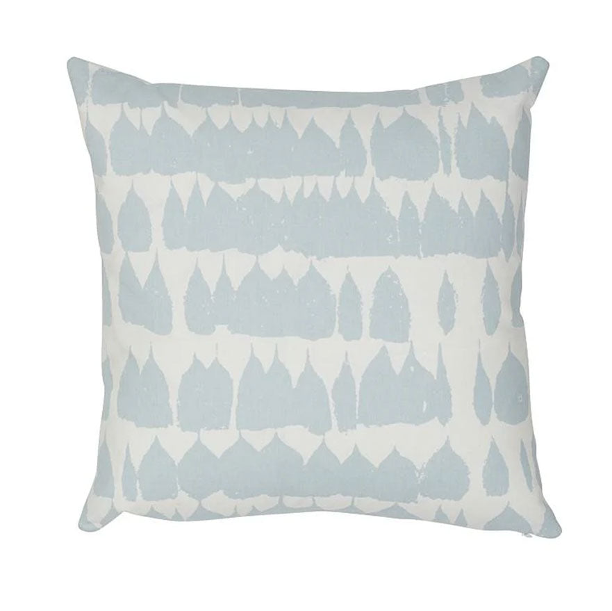 A square-shaped throw pillow with a geometric pattern featuring knife edges and a hidden zipper closure.
