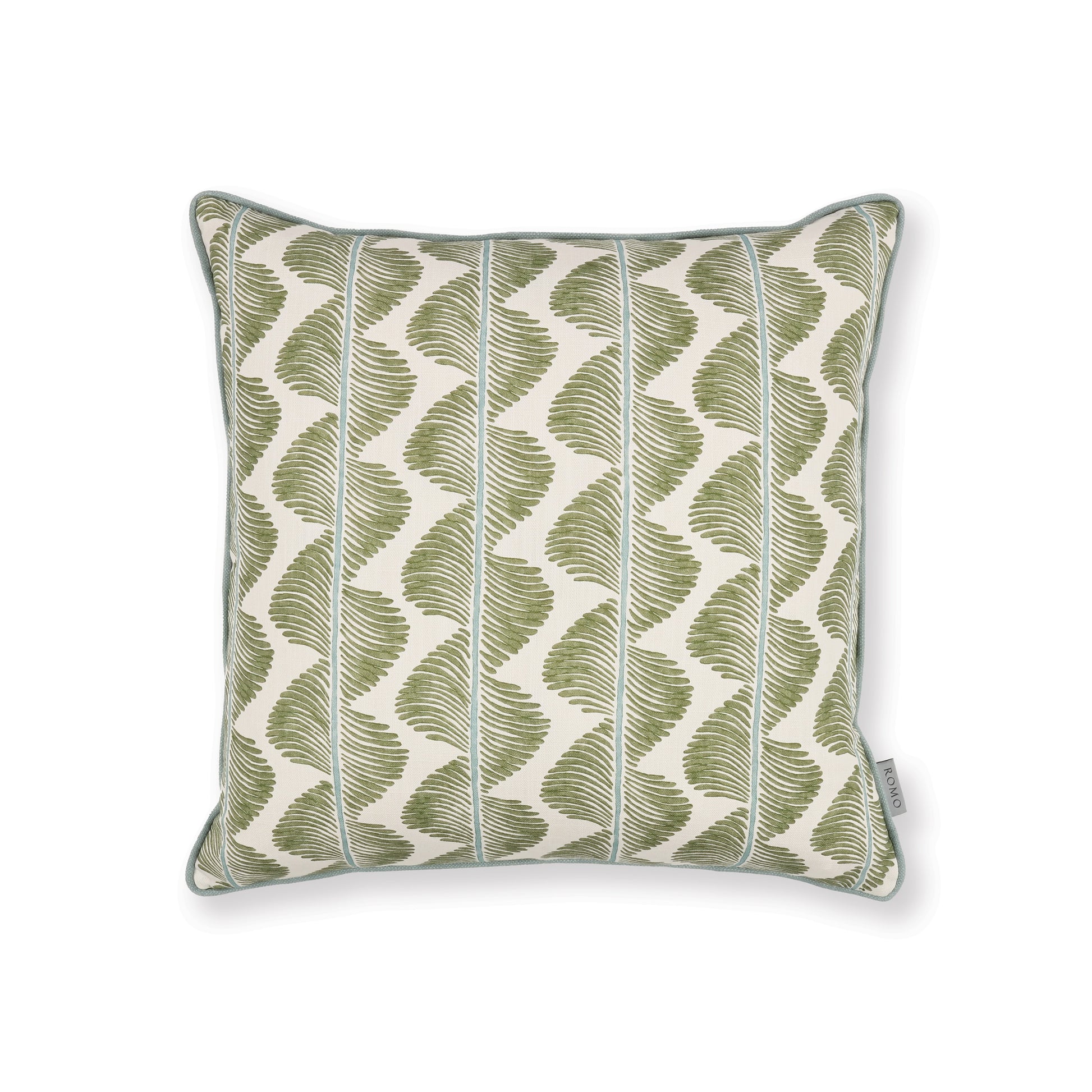 Decorative pillow with green and white pattern on a white background