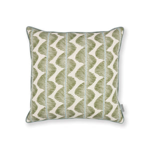 Decorative pillow with green and white pattern on a white background
