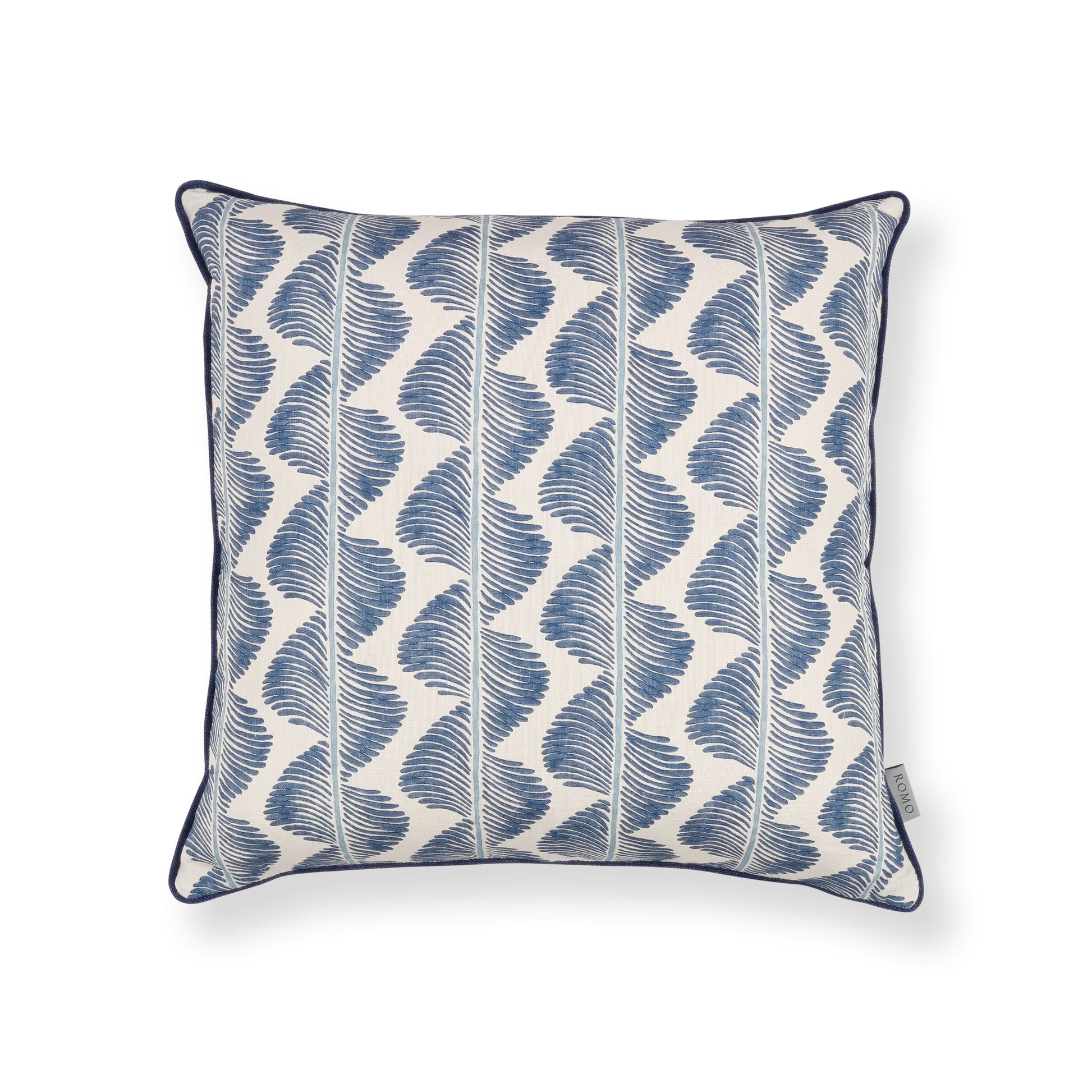 Decorative pillow with blue and white pattern on a white background