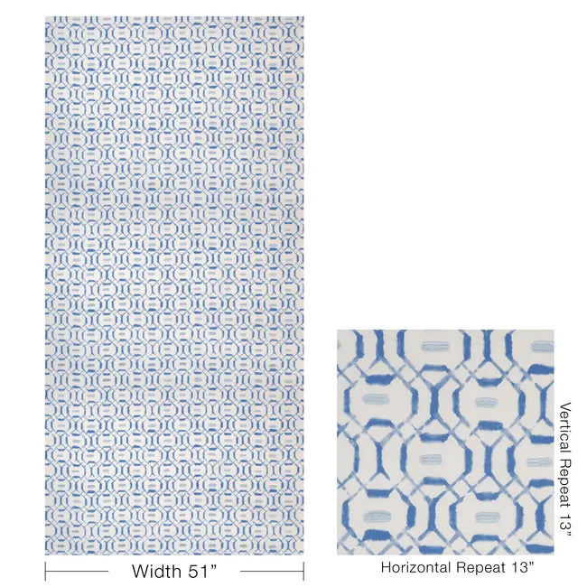 Patterned fabric with geometric design in blue and white, showing dimensions on a white background.