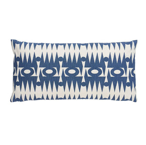 A square-shaped navy blue and white geometric patterned pillow with a knife edge finish.