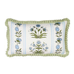 A square-shaped pillow with a floral pattern, featuring royal blue and green colors on a white background with a green border.