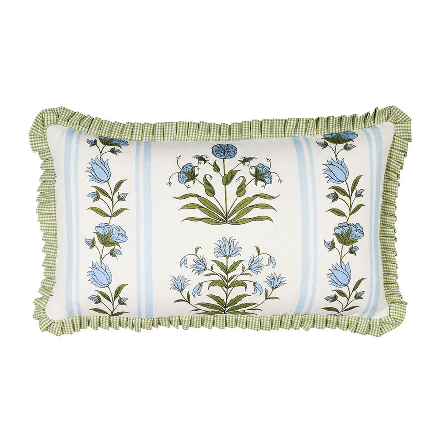 A square-shaped pillow with a floral pattern, featuring royal blue and green colors on a white background with a green border.
