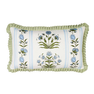 A square-shaped pillow with a floral pattern, featuring royal blue and green colors on a white background with a green border.